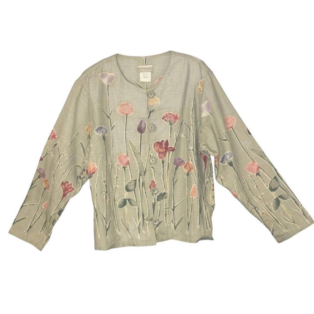 Vtg Coldwater Creek Linen Blend Shacket Sage Green Cotton Floral CottageCore